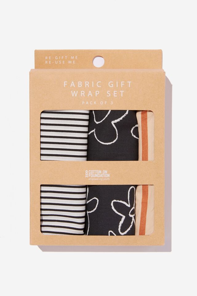 Foundation Typo Fabric Gift Wrap Set, BLACK AND WHITE STRIPE
