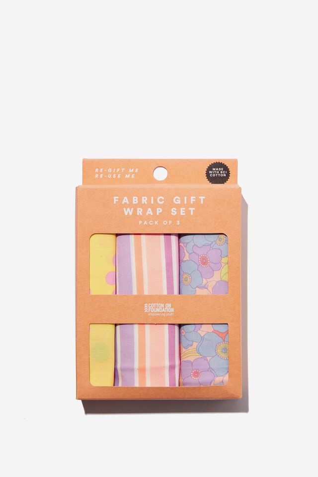 Foundation Kids Fabric Gift Wrap Set, RETRO FLORAL / RAINBOW STRIPE
