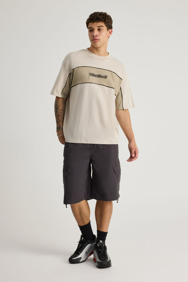 Half Half Box Fit Panelled Graphic Tshirt, HH PEBBLE/SUNBLEACHED KHAKI HALF HALF ELITE