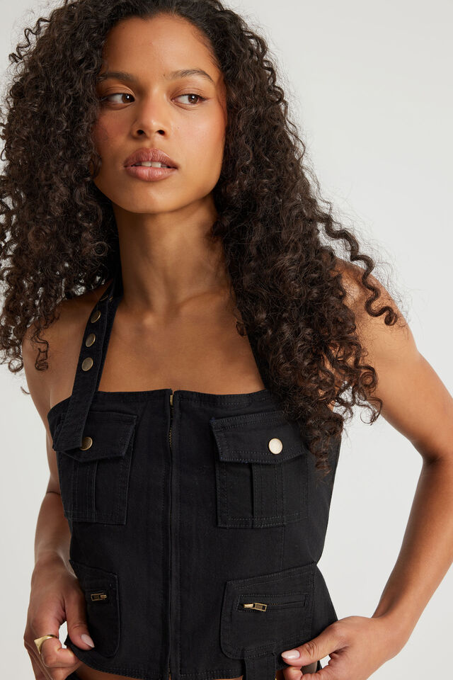 Utility Zip Up Top, BLACK