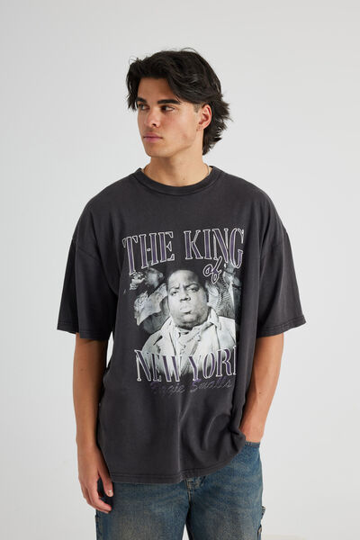 Oversized Music Merch T Shirt, LCN MT WASHED BLACK/BIGGIE KING