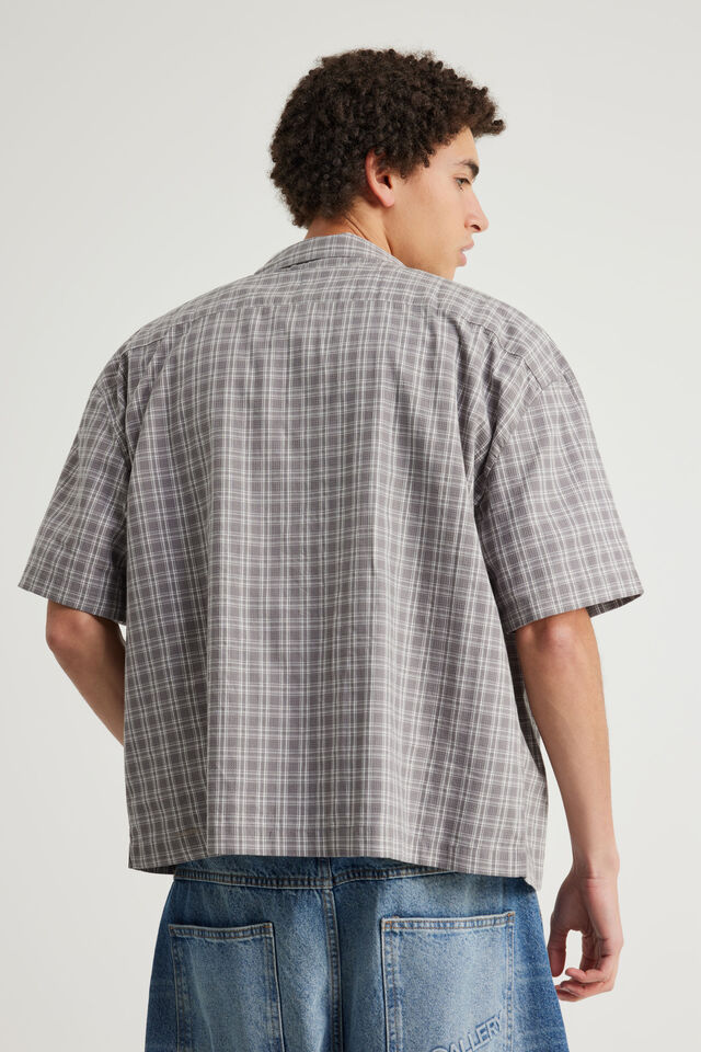 Half Half Boxy Cropped Short Sleeve Shirt, HH GREY WHT CHECK