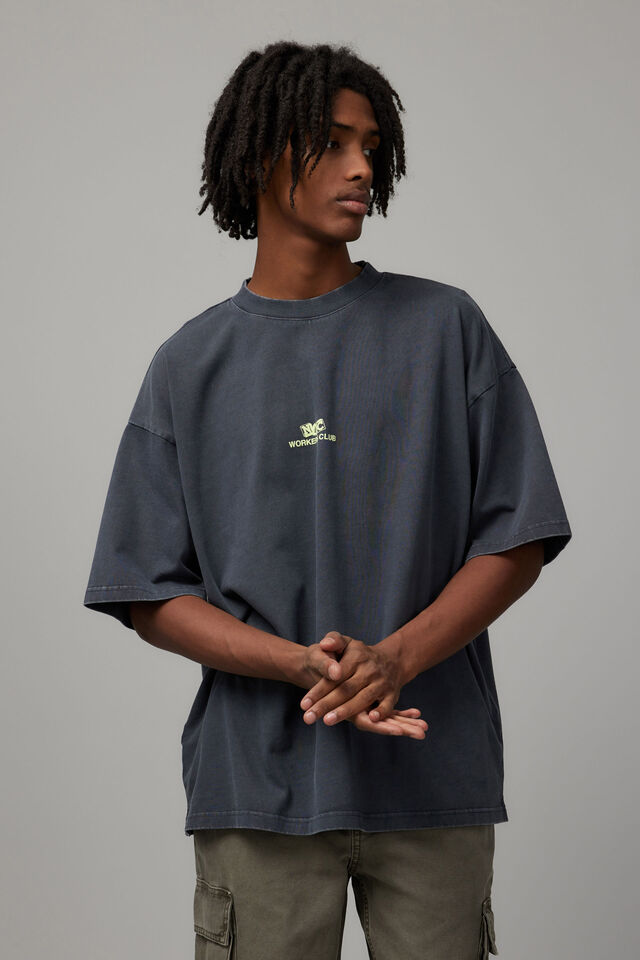 Half Half Heavyweight Box Fit Graphic Tshirt, WASHED SLATE/NEW YORK WORKERS CLUB