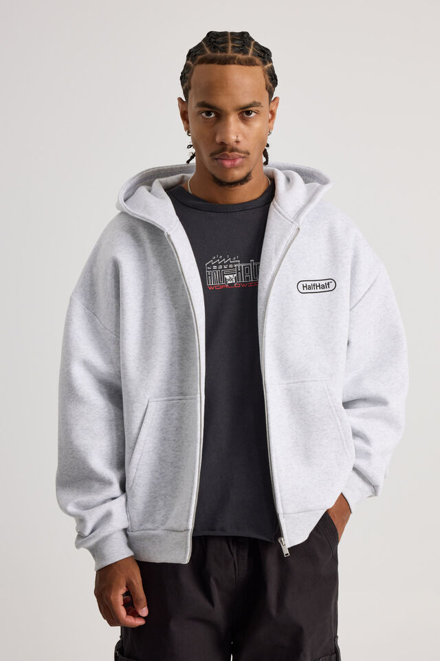 Half Half Zip Thru Hoodie, HH SILVER MARLE/BLACK PILL