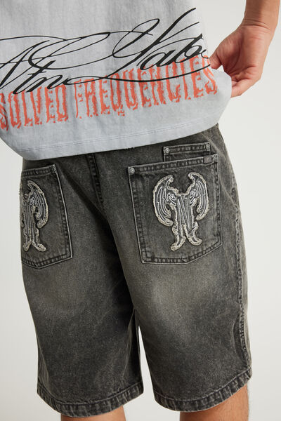 Notion Baggy Denim Short, SMOKEY GREY/RAW EDGE APPLIQUE