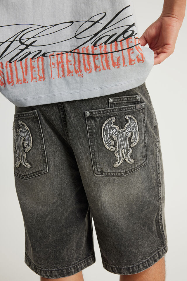 Notion Baggy Denim Short, SMOKEY GREY/RAW EDGE APPLIQUE