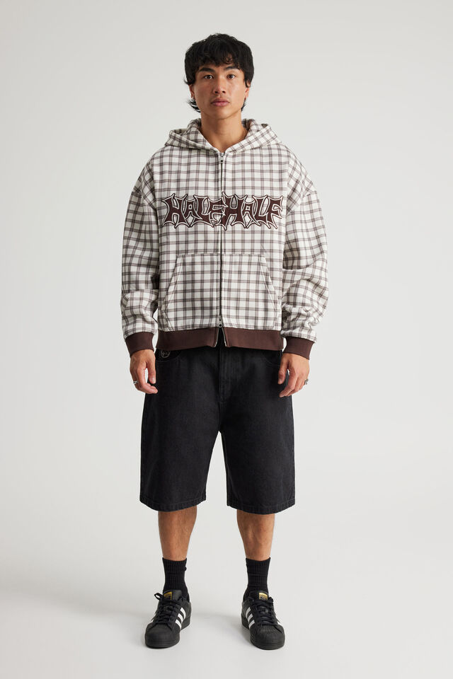 Half Half Zip Thru Hoodie, HH BROWN CHECK/SHRUBBERY
