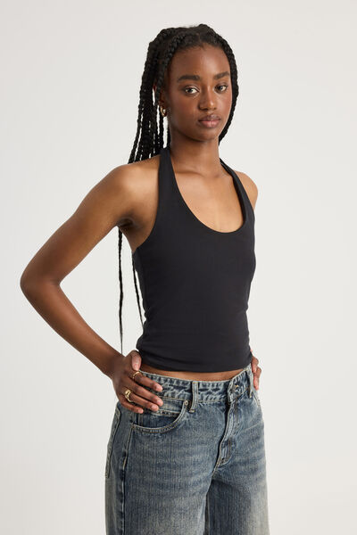 Scoop Neck Halter Top, BLACK