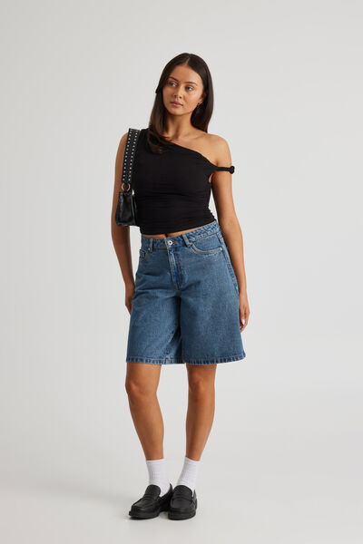 Leah Off Shoulder Ruched Top, BLACK