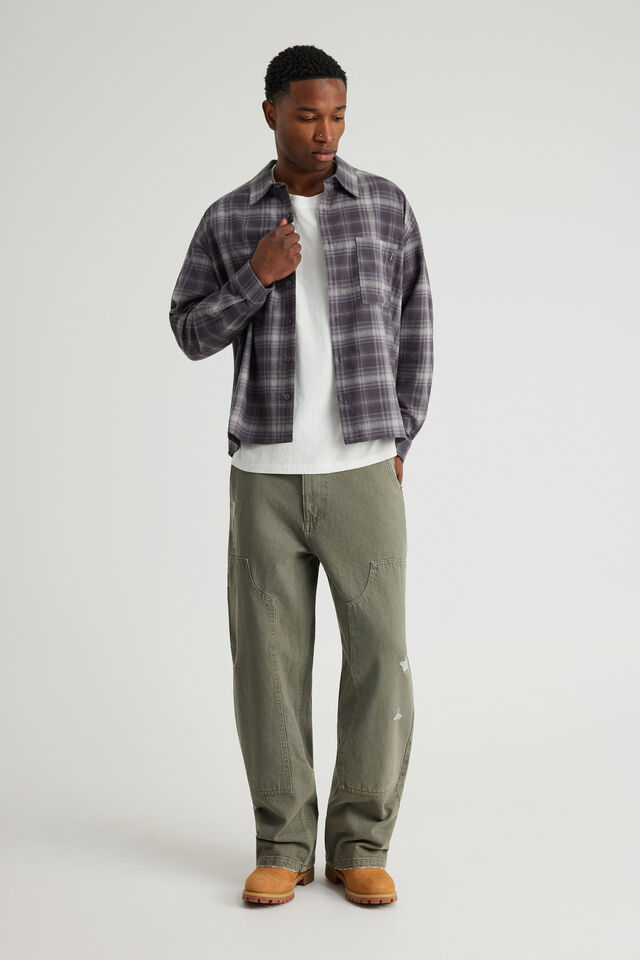 Notion Boxy Cropped Long Sleeve Shirt, NOTION WASHED PURPLE GREY FLANNEL