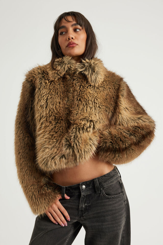 Miss World Cropped Faux Fur Jacket, CINNAMON