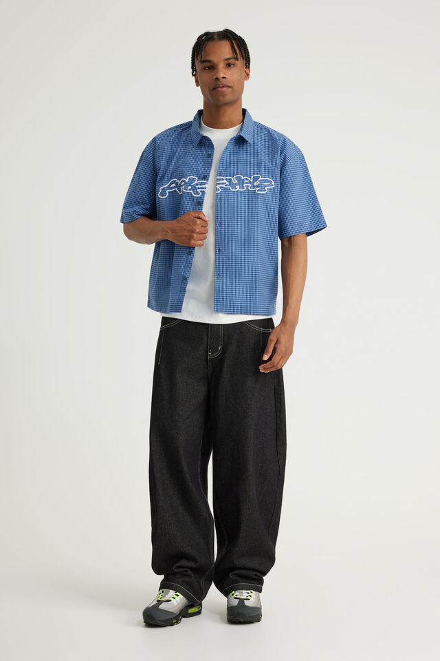 Half Half Boxy Cropped Short Sleeve Shirt, HH BLUE CHECK/GLOOP APPLIQUE