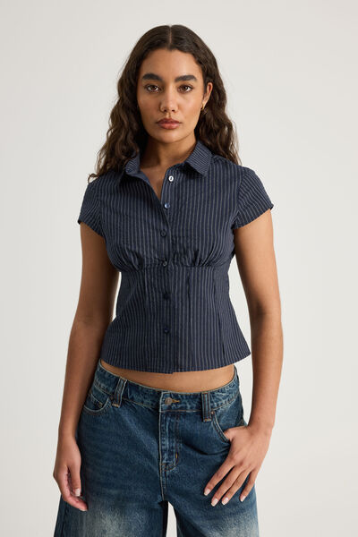 Short Sleeve Fitted Shirt, NAVY PINSTRIPE