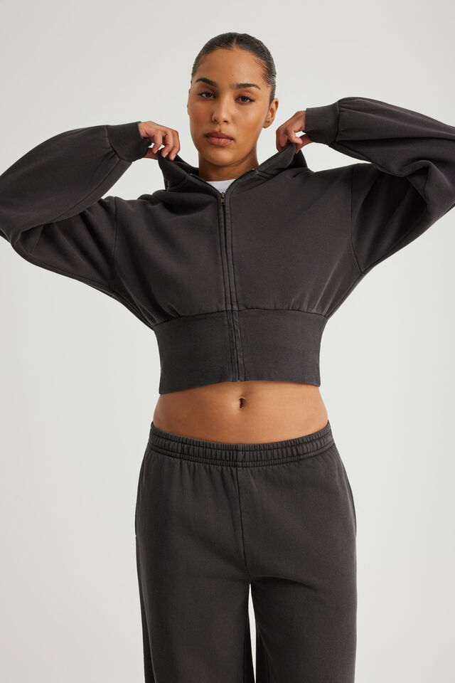 Authentics Shrunken Zip Through Hoodie, WASHED TRUE BLACK