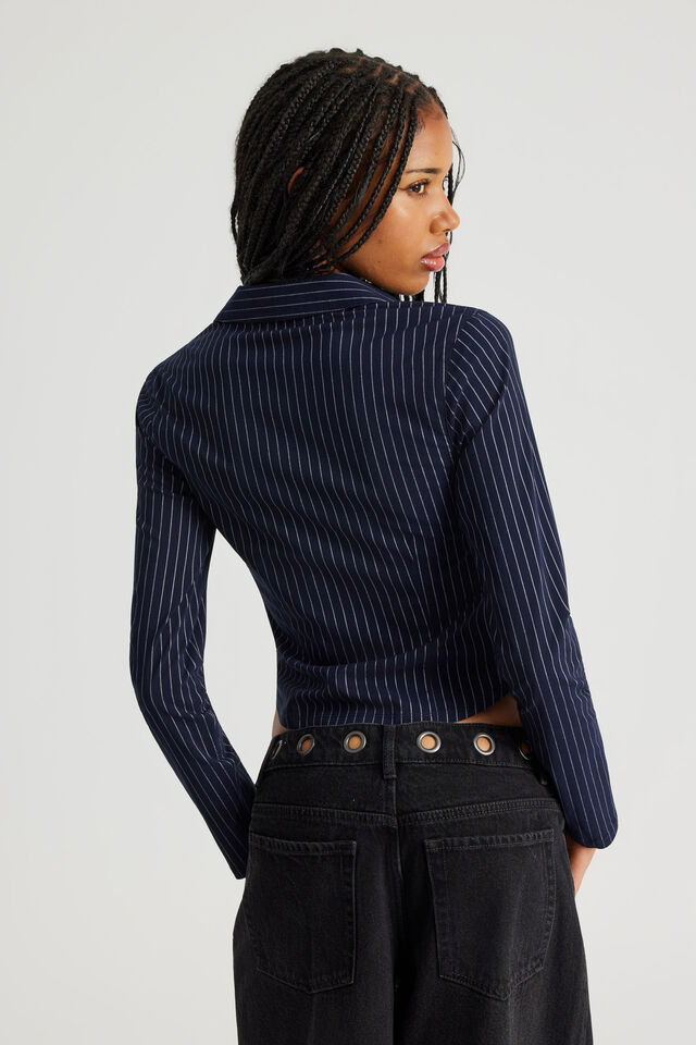 Long Sleeve Zip Through Shirt, NAVY PINSTRIPE