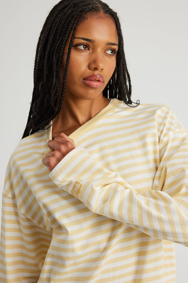 Open Gallery Cropped Long Sleeve Tshirt, OG DAFFODIL STRIPE/OG LOGO