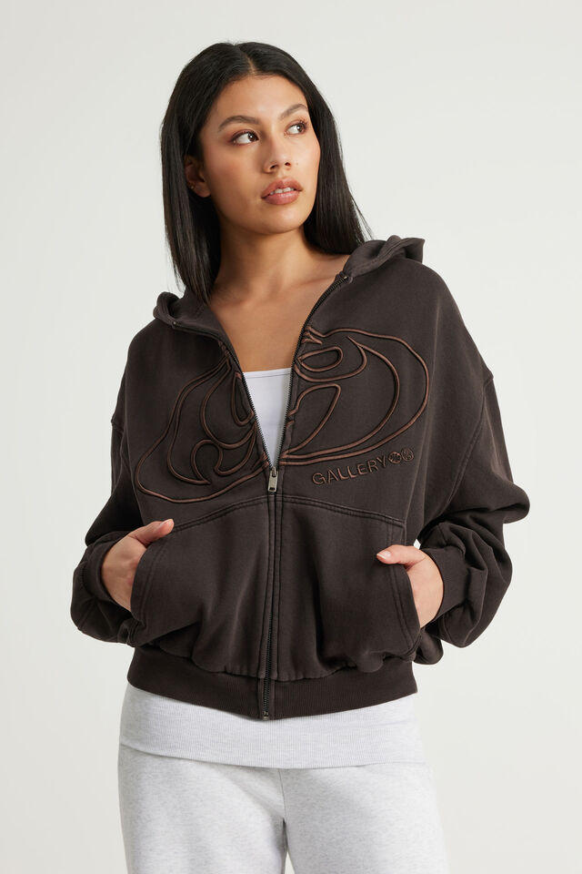 Open Gallery Boxy Zip Through Hoodie, OG WASHED CHOC NOIR/GALLERY SWIRL