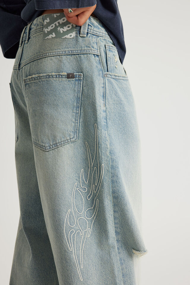 Notion Baggy Jean, GRITTY BLEACH/CLOUD EMBROIDERY