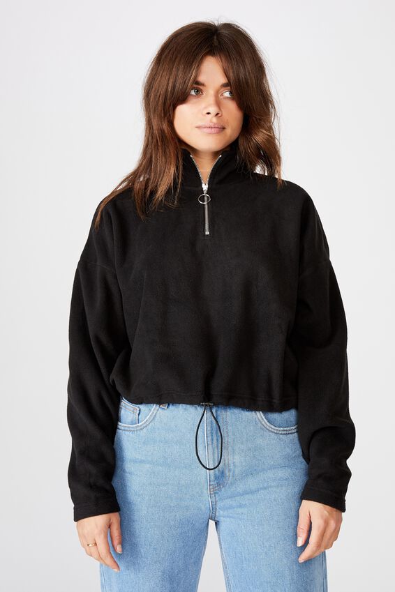 Crop Qtr Zip Polar Fleece, BLACK