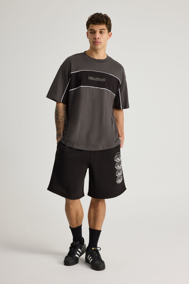 Half Half Box Fit Panelled Graphic Tshirt, HH SLATE/BLACK HALF HALF ELITE