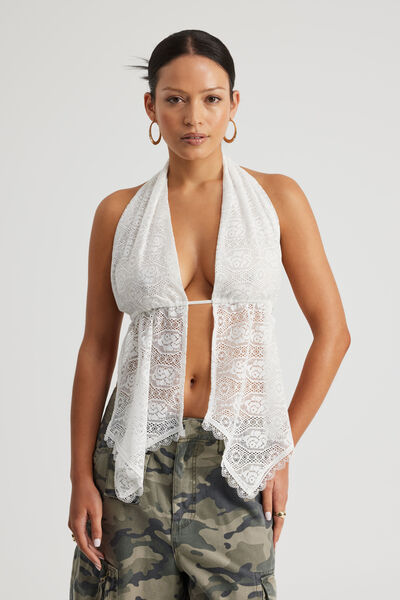 Backless Halter Tie Top, WHITE LACE