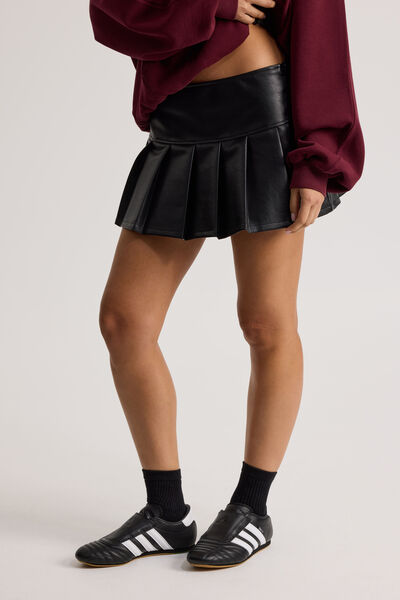 Pu Pleated Skirt, BLACK