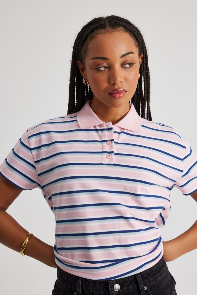 Short Sleeve Polo Top, PINK STRIPE