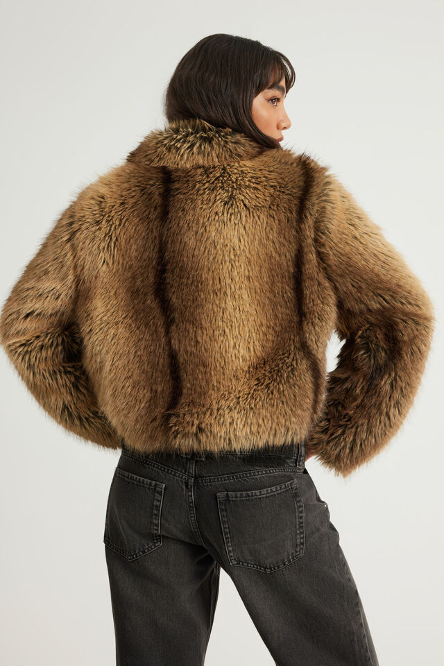 Miss World Cropped Faux Fur Jacket, CINNAMON