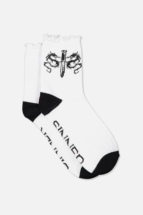 Embroidered Ruffle Edge Sock, SINNER WHITE_BLACK