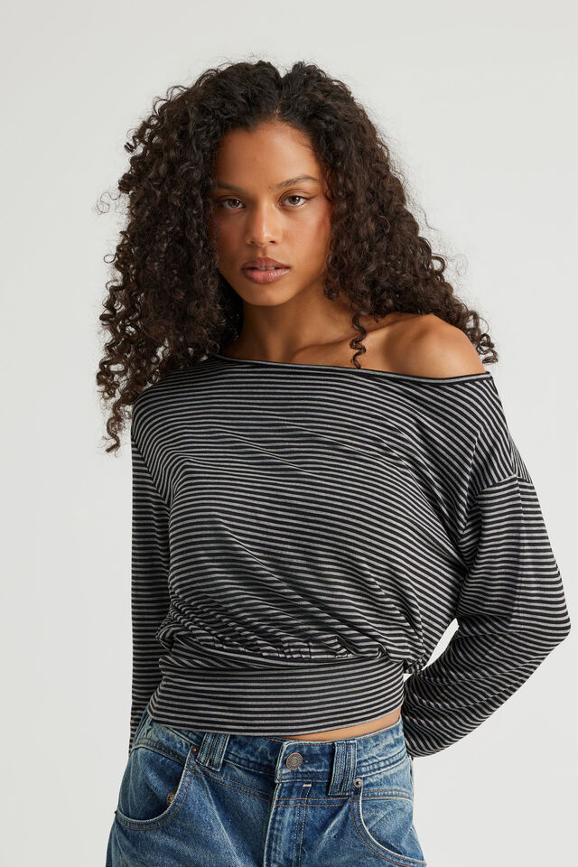 Long Sleeve Off Shoulder Top, BLACK/GUNMETALMARLE STRIPE