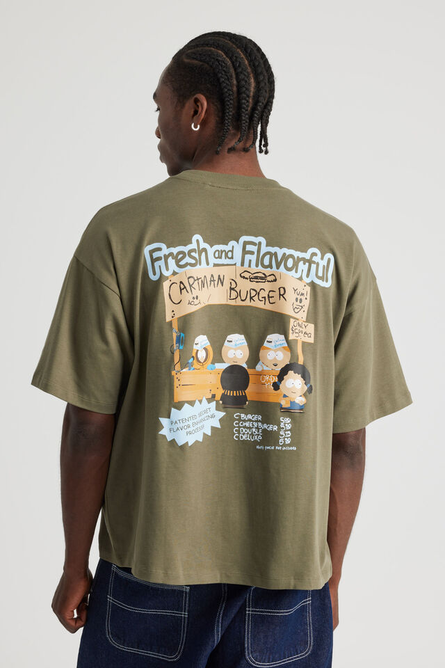 South Park X Half Half Box Fit Tshirt, LCN SOU PORTLAND MOSS/CARTMAN BURGER
