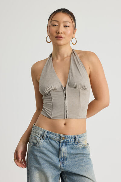 Zip Front Halter Top, KHAKI MIST