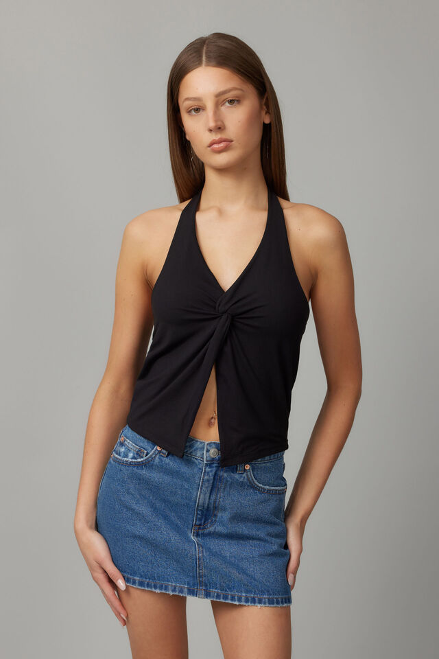 Dana Twist Front Halter Top, BLACK