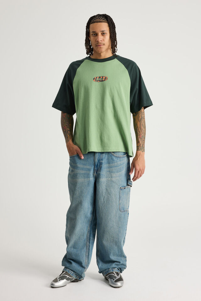 Half Half Boxy Raglan Tshirt, HH PEPPERMINT/KELP VANDALISE
