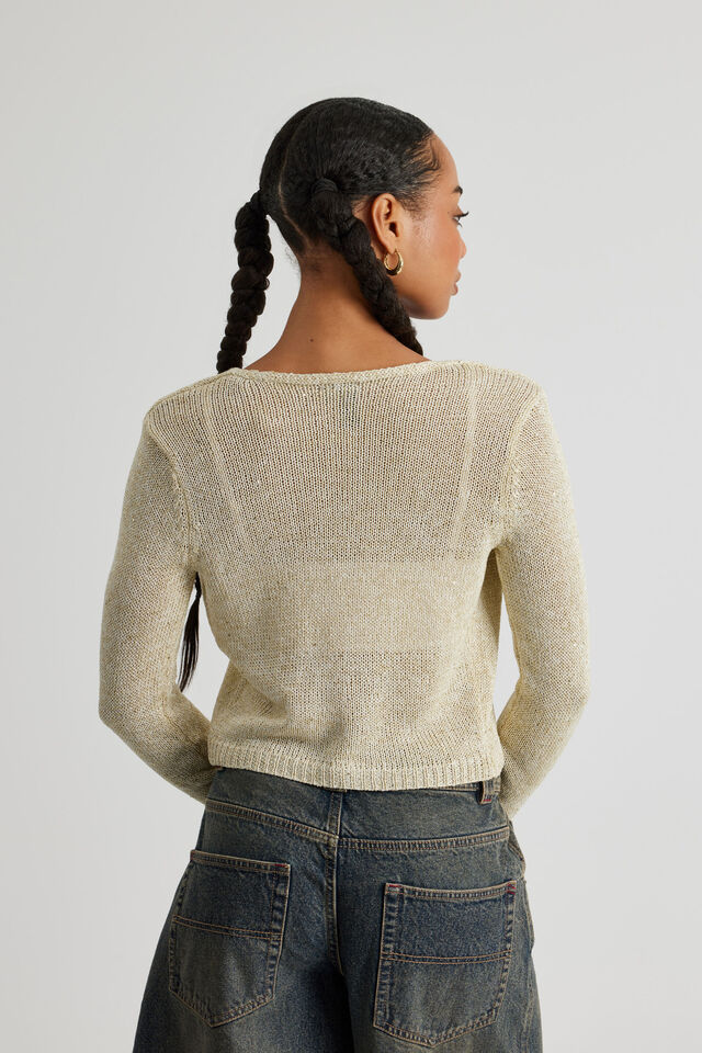 Metallic Tie Front Knit Cardigan, GOLD