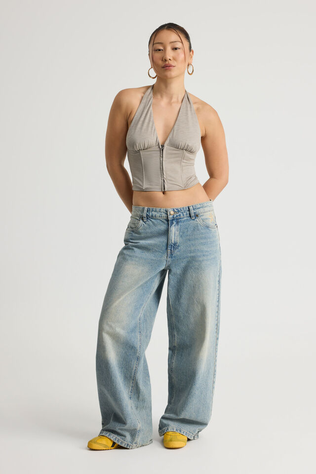 Zip Front Halter Top, KHAKI MIST