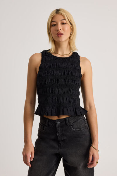 Ella Shirred Tank, BLACK