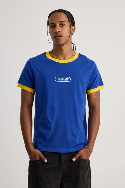 Half Half Slim Fit Ringer Tshirt, HH CORPORATE BLUE/TAXI WIDE HALF HALF PILL