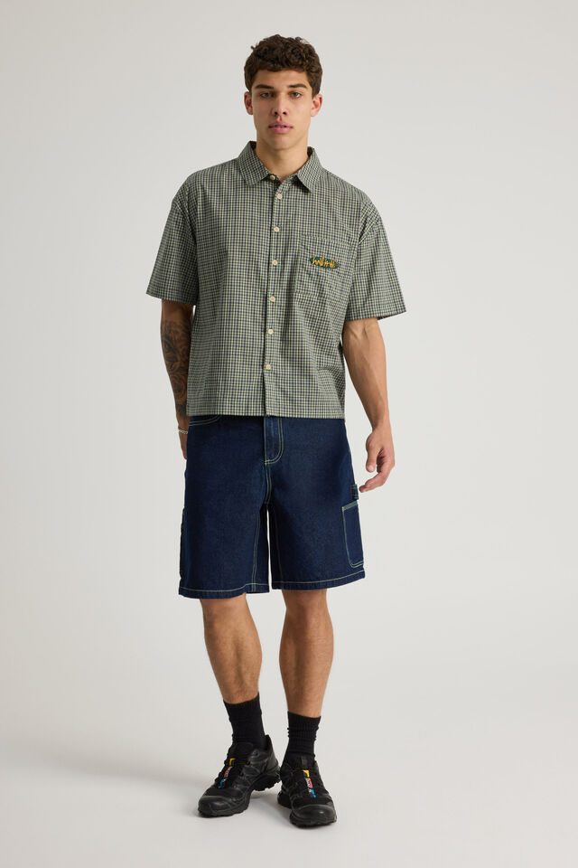 Half Half Painter Baggy Denim Short, RAW INDIGO/FAIRWAY GREEN