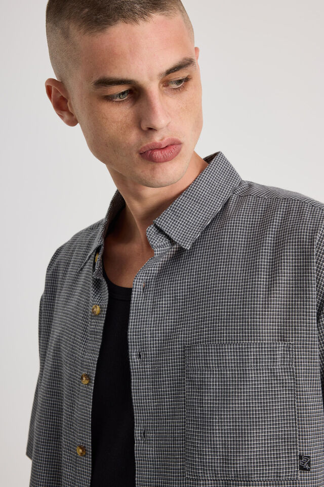 Half Half Short Sleeve Shirt, HH BLACK BLUE MICRO CHECK