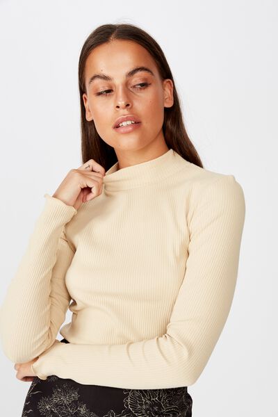 Rib Lettuce Edge Long Sleeve, ALMOND BUFF