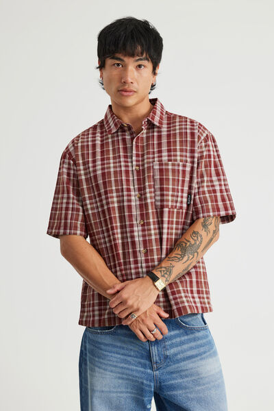 Half Half Short Sleeve Shirt, HH MERLOT CHECK