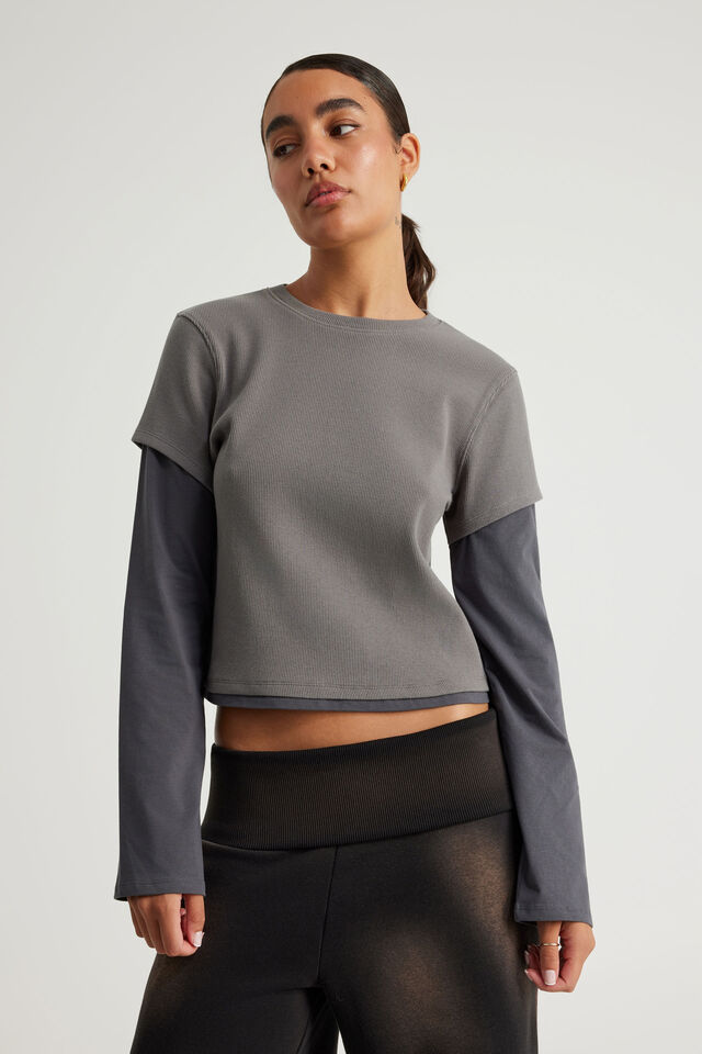 Layered Long Sleeve Top, WASHED IRON/SLATE