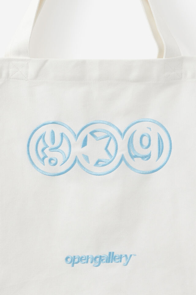 Open Gallery Large Tote Bag, OG WHITE W BLUE LOGO