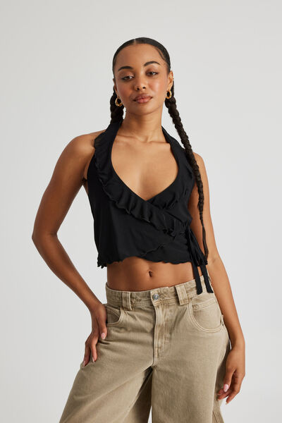 Piper Mesh Wrap Halter Top, BLACK