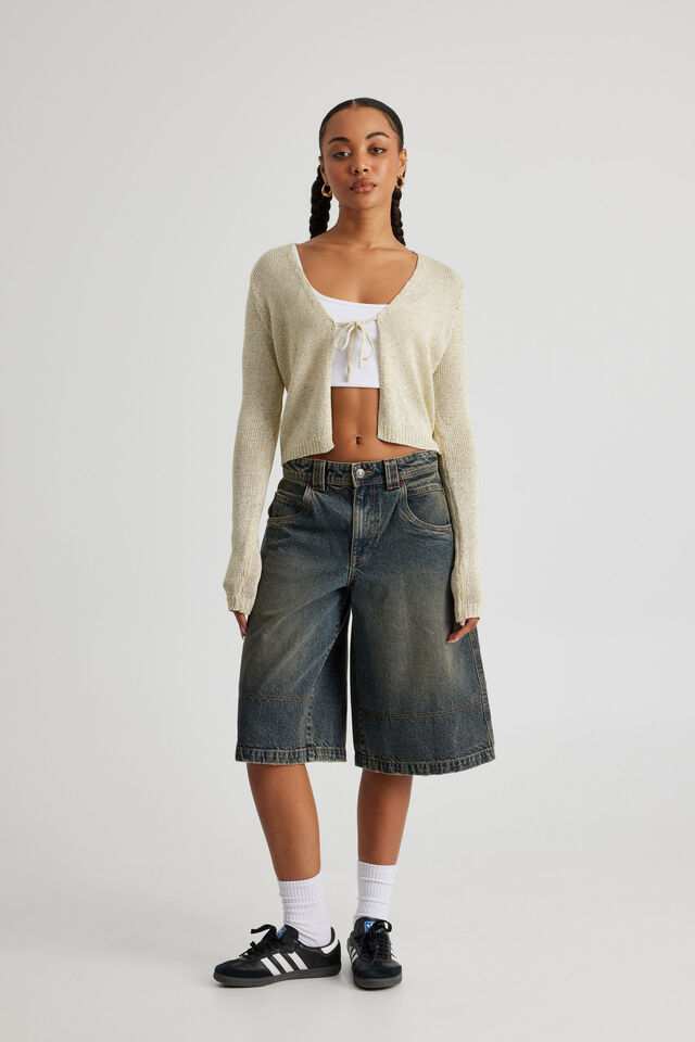 Metallic Tie Front Knit Cardigan, GOLD