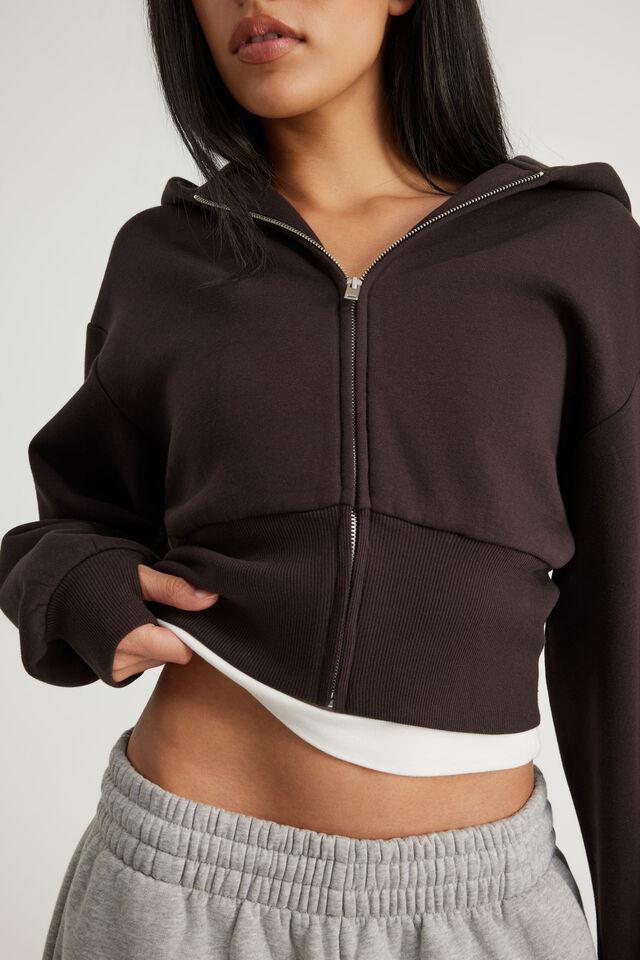 Authentics Shrunken Zip Through Hoodie, CHOC NOIR