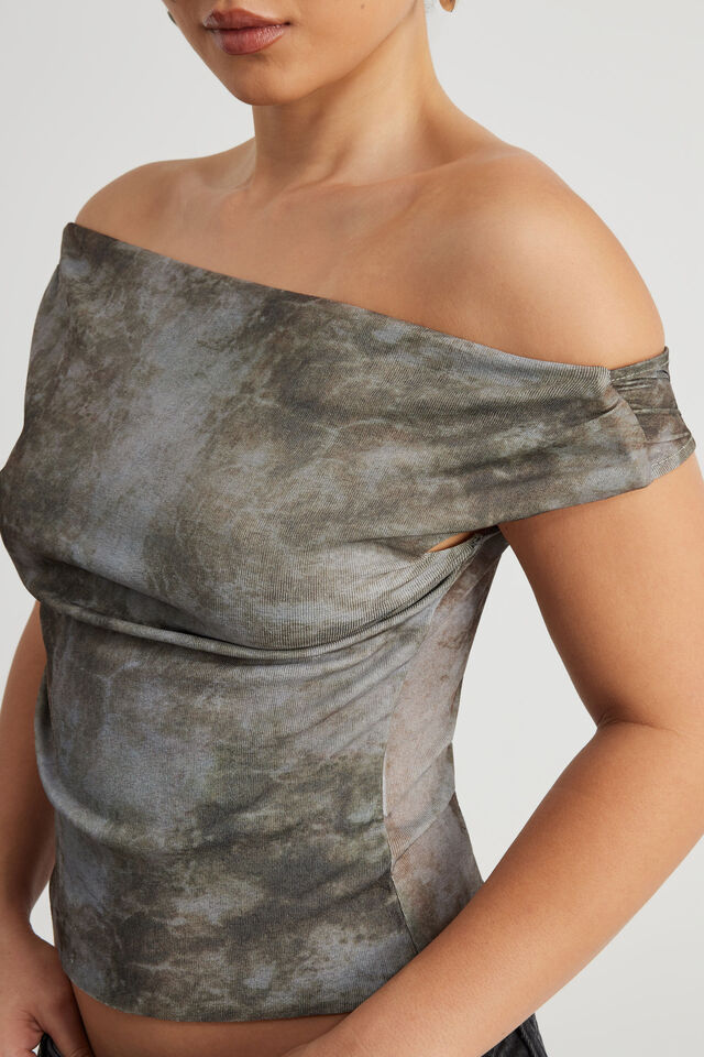 Textured Off Shoulder Top, GREY BROWN TIE DYE