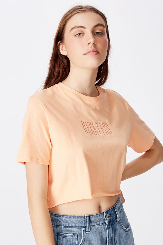 Short Sleeve Raw Edge Crop T Shirt, APRICOT SORBET/RECKLESS