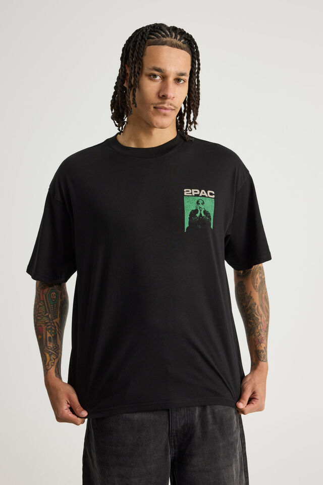 Box Fit Music Merch T Shirt, LCN BRA BLACK/TUPAC THE ROSE